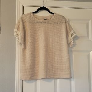 Textured Cream Short Sleeve Top with Tassels